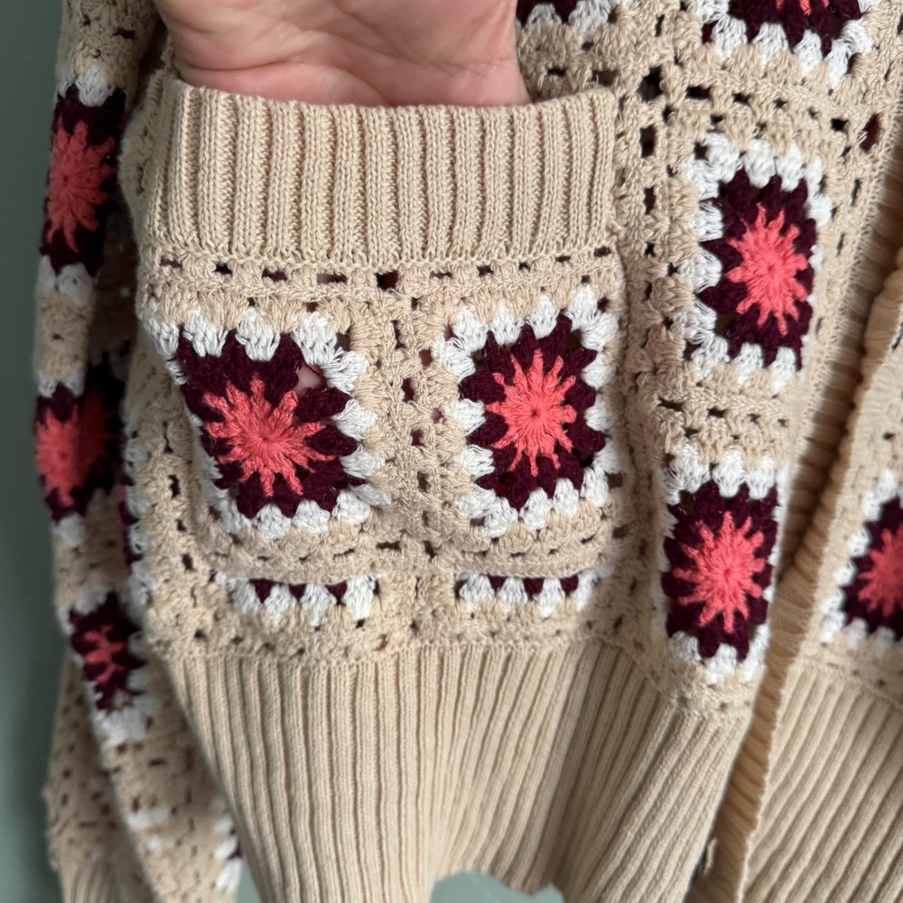 PacSun Womens Large Crochet Granny Square Cardigan Pink Tan Cotton Knit Sweater - Picture 11 of 13